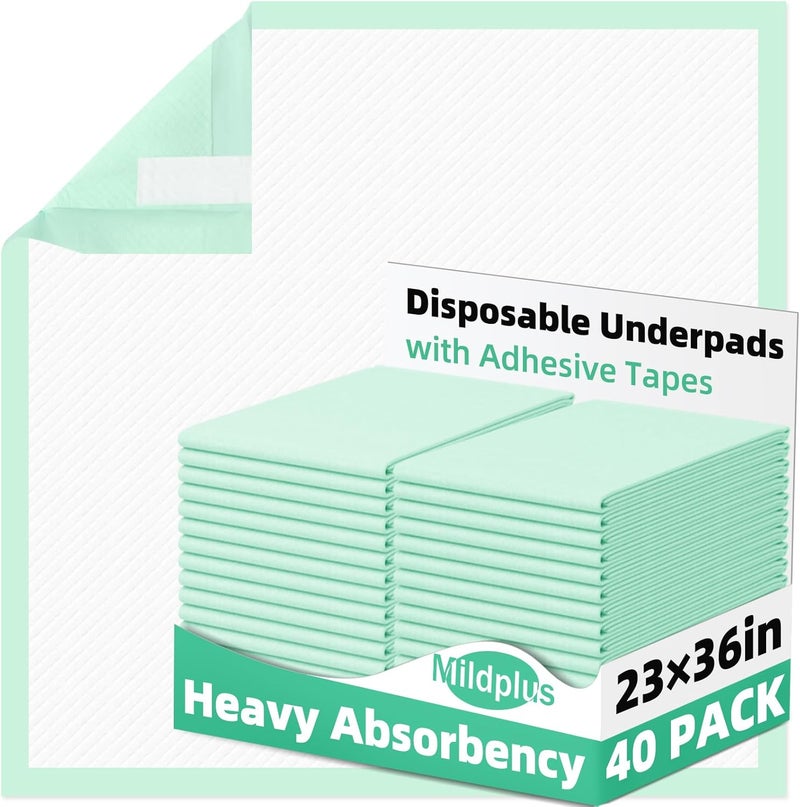 MILDPLUS Disposable Underpads with Adhesive Tapes 23'' X 36'' Chucks Pads Heavy Absorbency Incontinence Pads, Waterproof Pee Pads, Thicker Chux Pads for Unisex Adult, Kids and Pet (40 Count) - Image 1